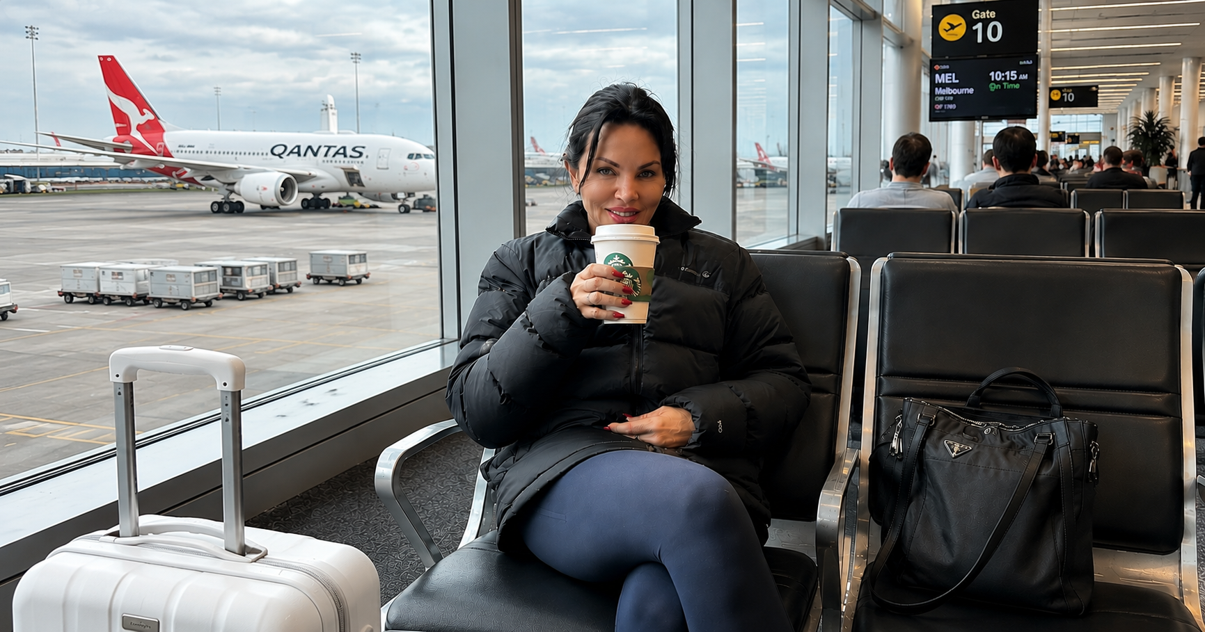 Hilary Saxton sitting in an airport departure lounge with a coffee